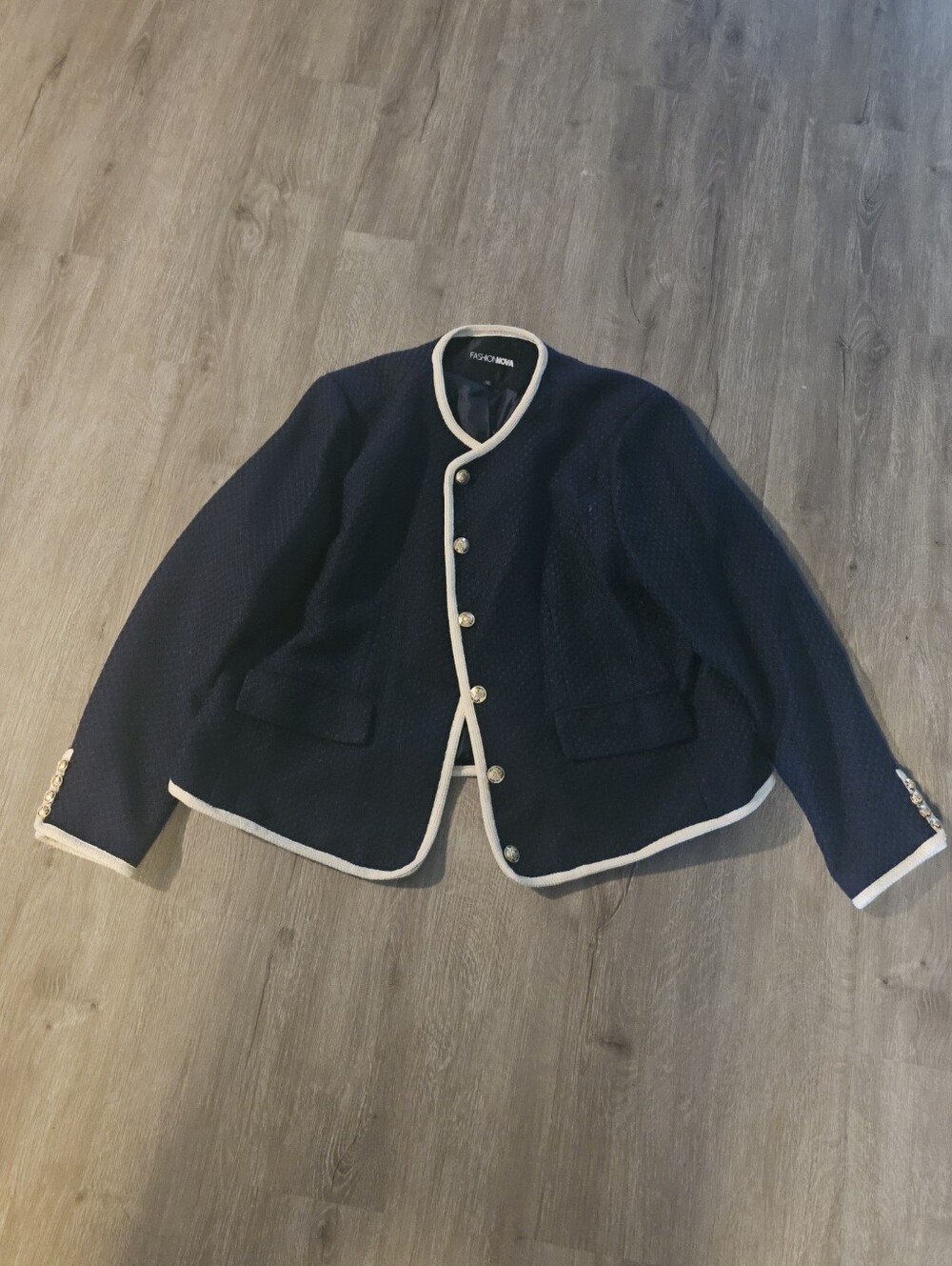 Fashion Nova Navy Bouclé Jacket with Cream Trim